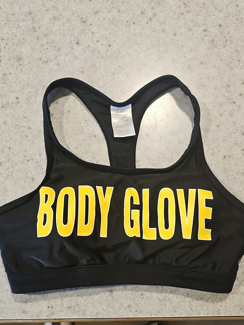 Body Glove Small Black Sports Bra with Yellow Logo Front